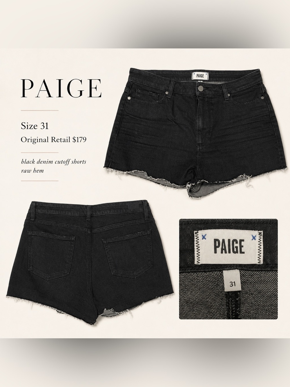 PAIGE Black Frayed Hem Denim Shorts